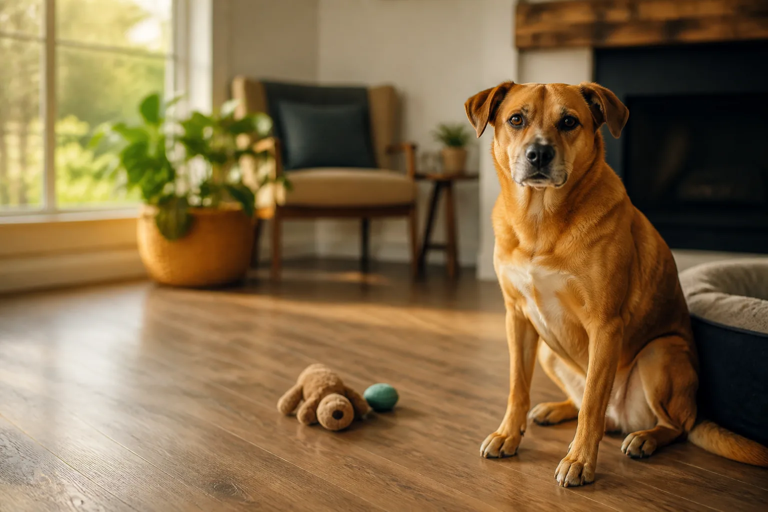 Chien adulte au regard confiant assis dans un salon lumineux et accueillant, près d'un panier et de quelques jouets, illustration du guide de l'adoption d'un chien