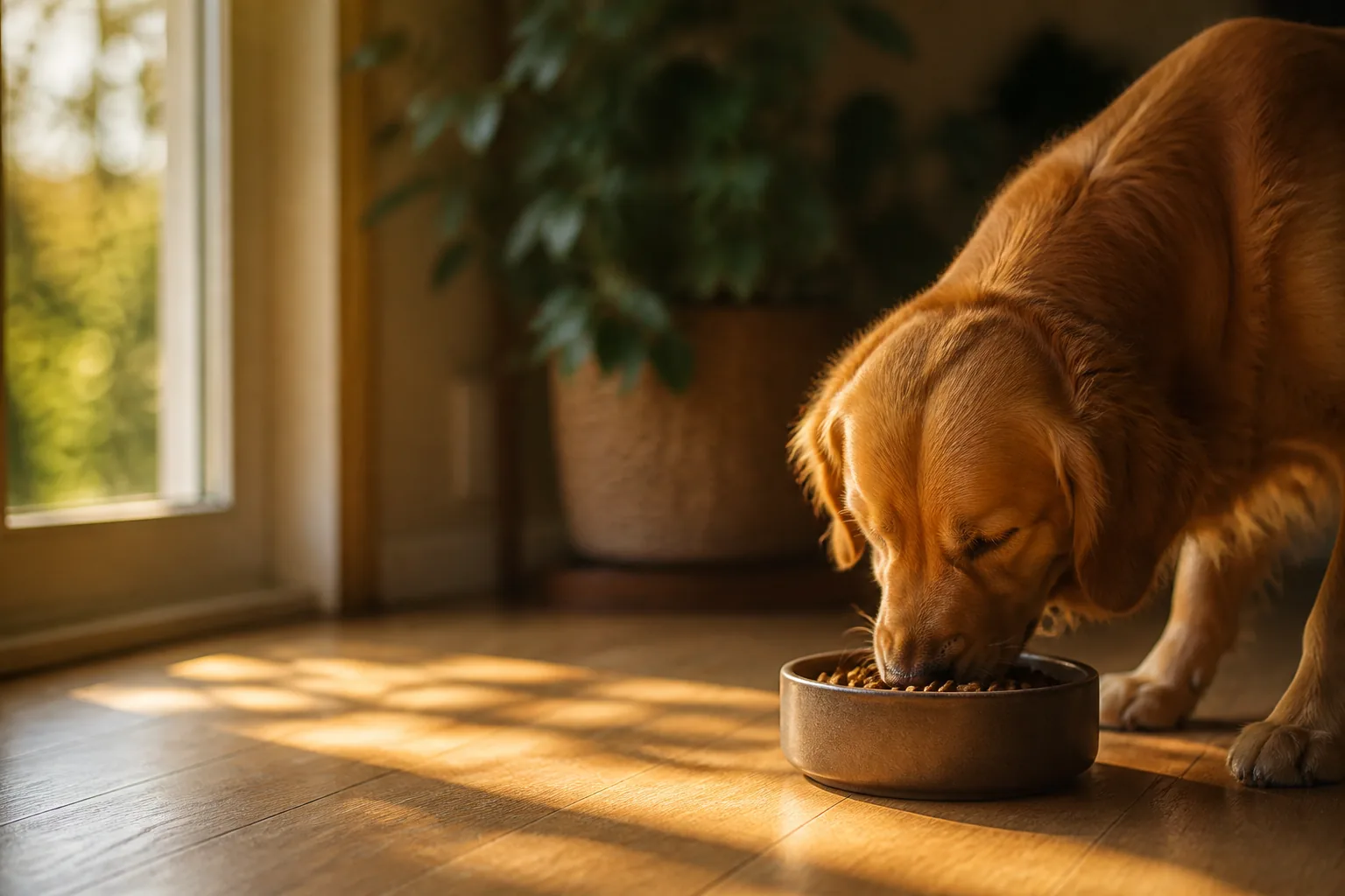 Chien mangeant dans sa gamelle près d'une fenêtre ensoleillée, illustration du guide de l'alimentation canine