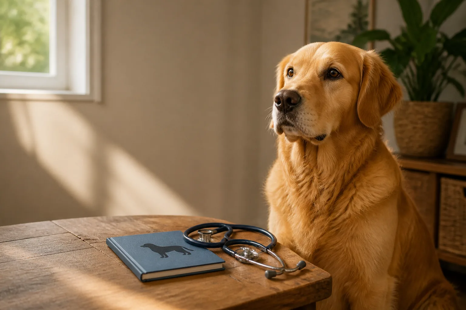 Chien adulte au regard serein, assis près d'un carnet de santé et d'un stéthoscope posés sur une table, illustration du guide de l'assurance santé pour chien