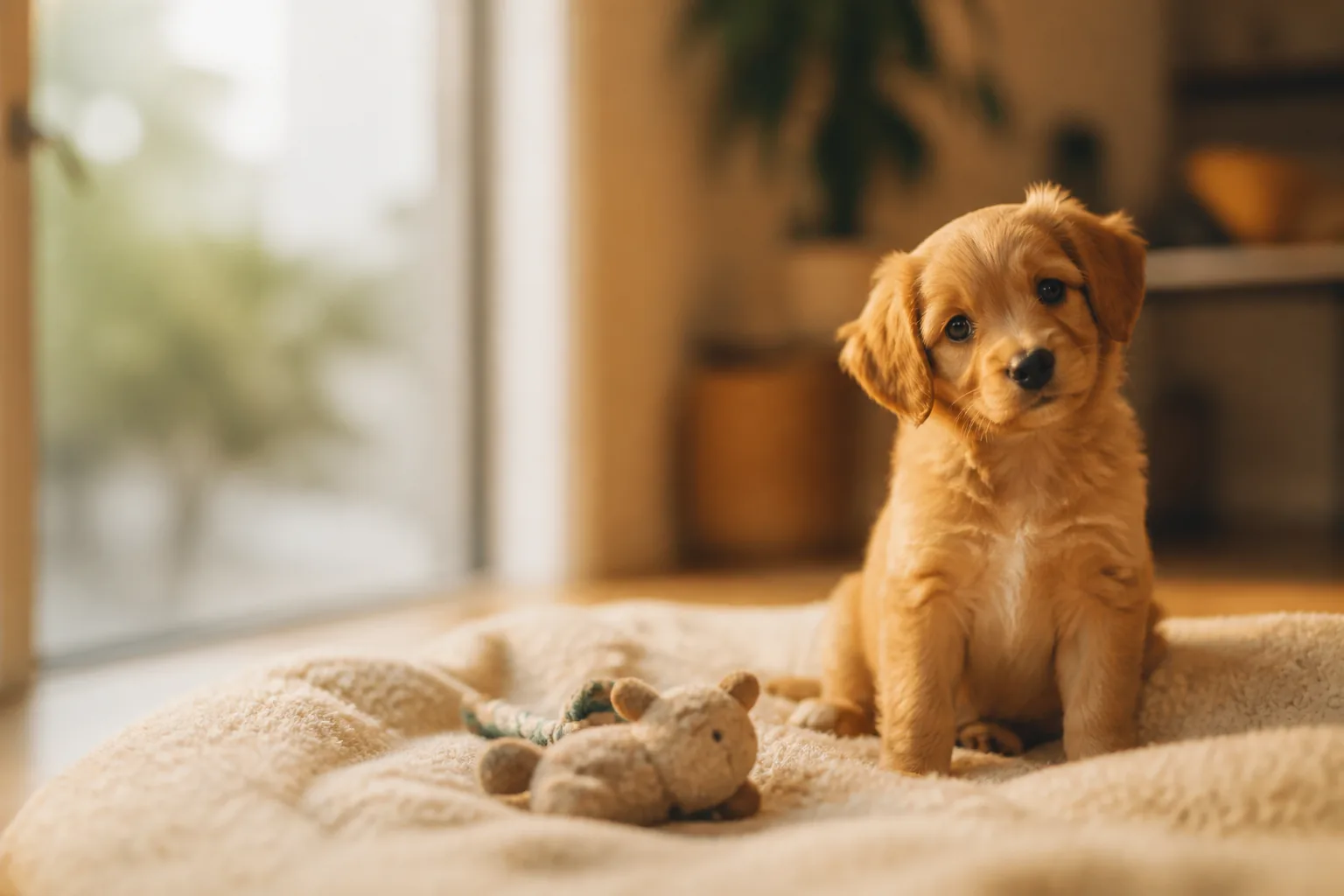 Chiot assis sur une couverture douillette dans un salon chaleureux, illustration du guide d'accueil d'un chiot