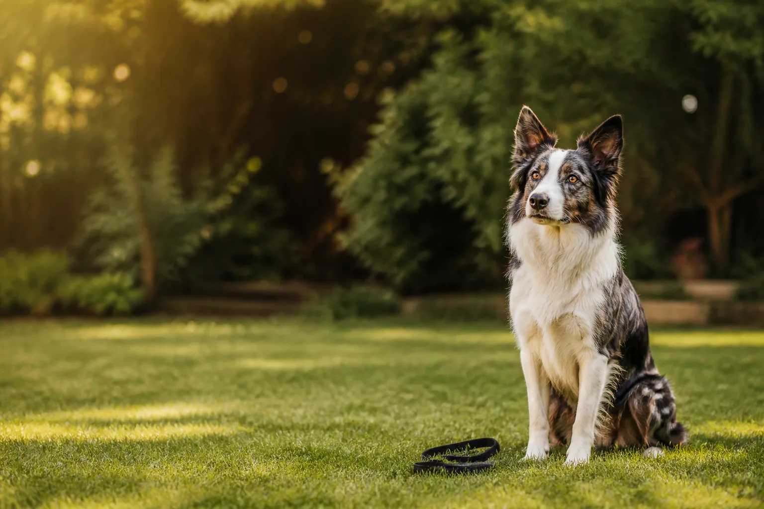 Chien assis et attentif dans un jardin, oreilles dressées, illustration du guide de l'éducation canine