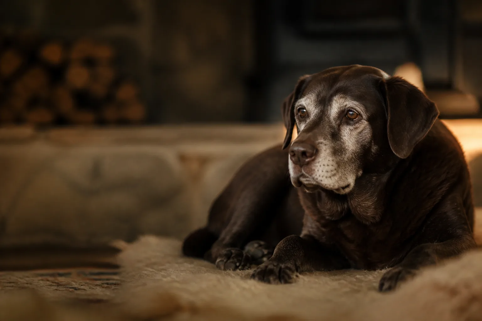 Chien senior au museau grisonnant, allongé paisiblement dans une lumière douce, illustration du guide du chien senior