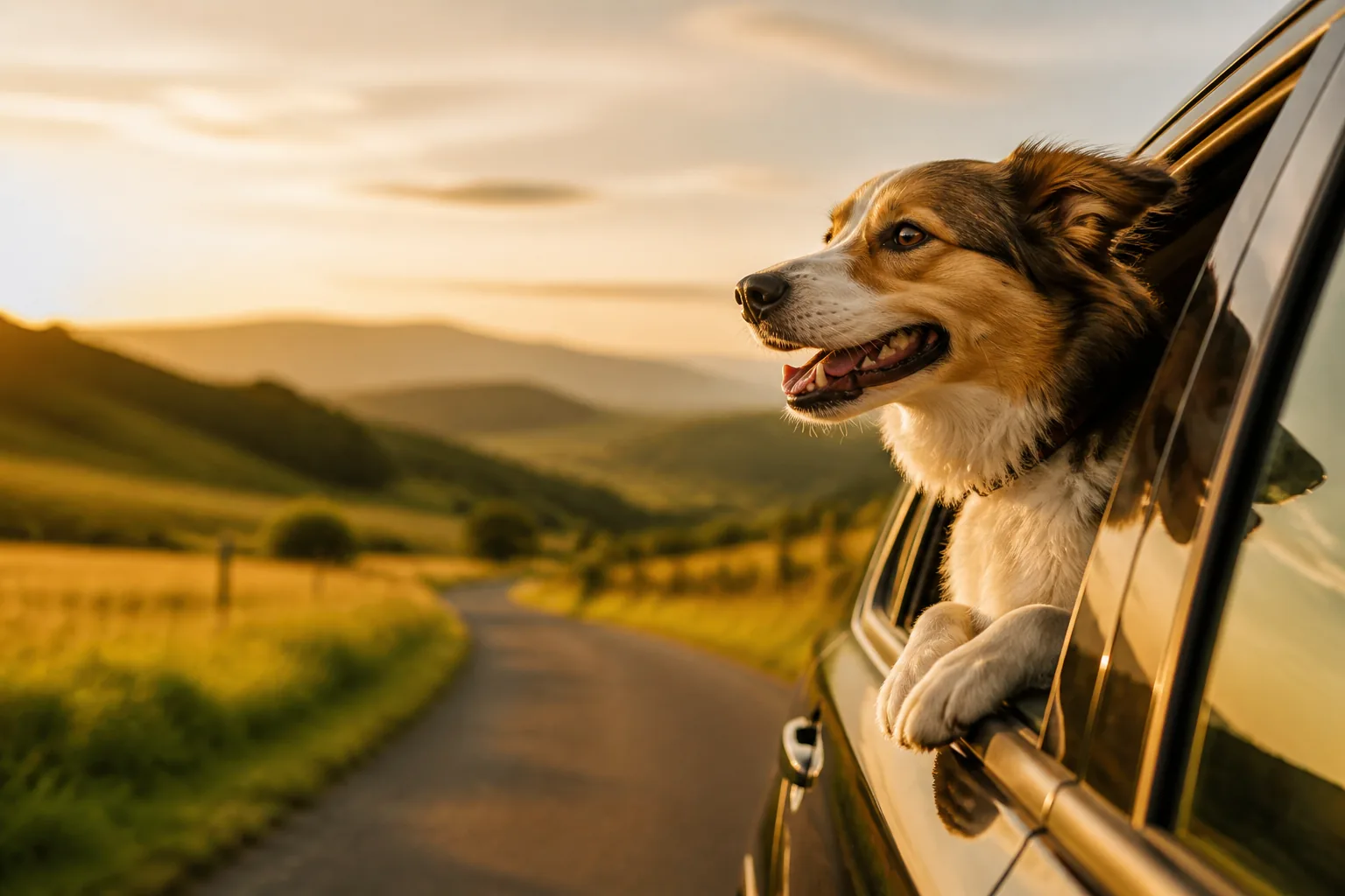 Chien heureux regardant par la fenêtre d'une voiture sur une route de campagne au soleil couchant, illustration du guide des voyages avec son chien