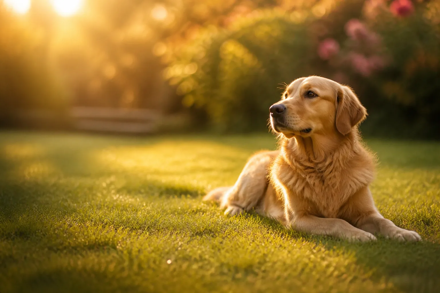 Chien détendu allongé dans un jardin ensoleillé, symbole du bien-être et de la santé au quotidien