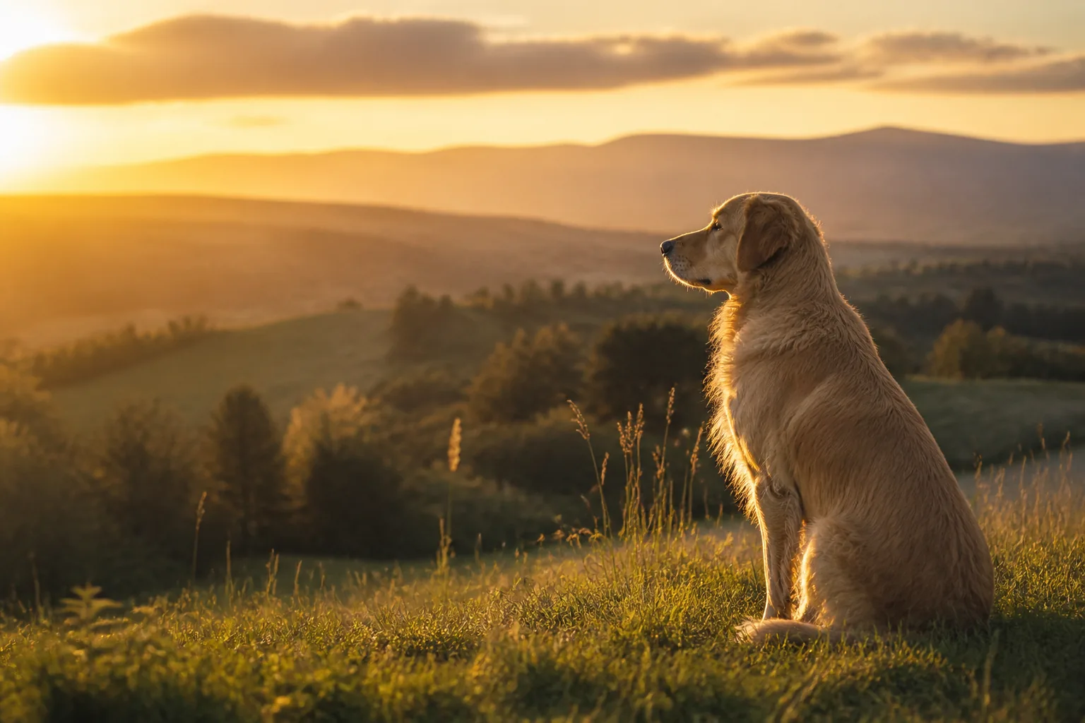 Chien assis face à un paysage de collines au coucher du soleil, symbole des guides de fond sur la vie avec un chien