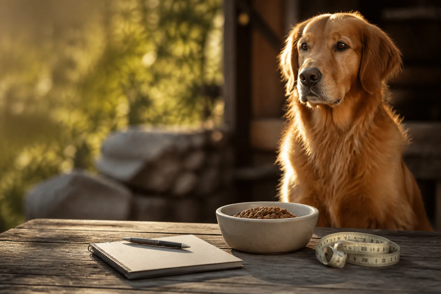 Chien assis près d'un carnet, d'un stylo et d'un mètre ruban sur une table en bois, symbole des outils pratiques 1001Chiens