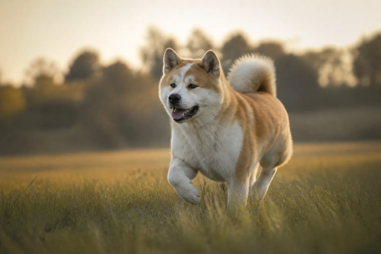 Akita Inu actif courant en exterieur, l’activite physique reguliere participant a un poids de forme sain