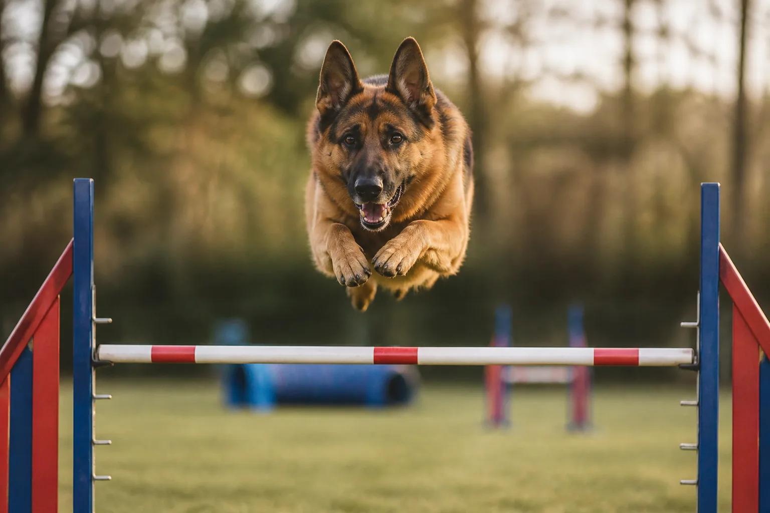 Berger Allemand sautant un obstacle d'agility, polyvalent