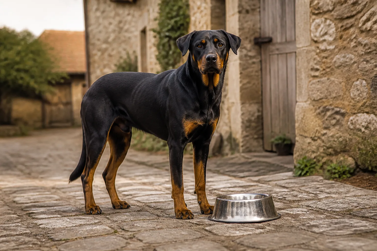 Beauceron devant sa gamelle dans une cour de ferme