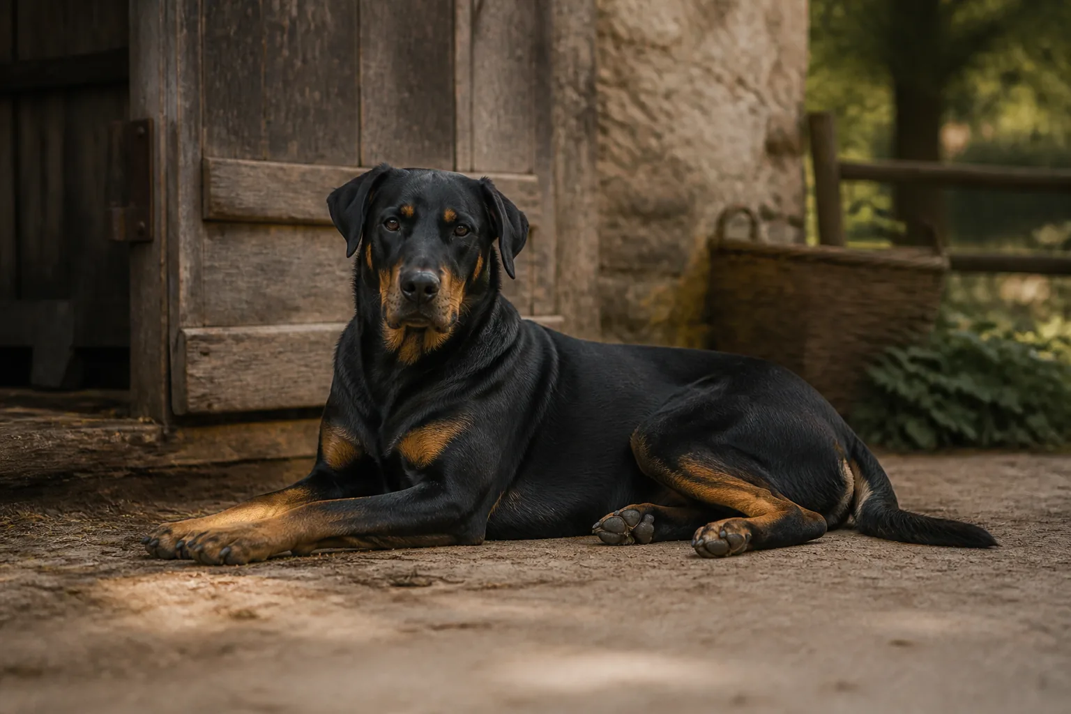 Beauceron âgé au repos dans une position paisible, illustrant l'accompagnement en fin de vie du chien senior