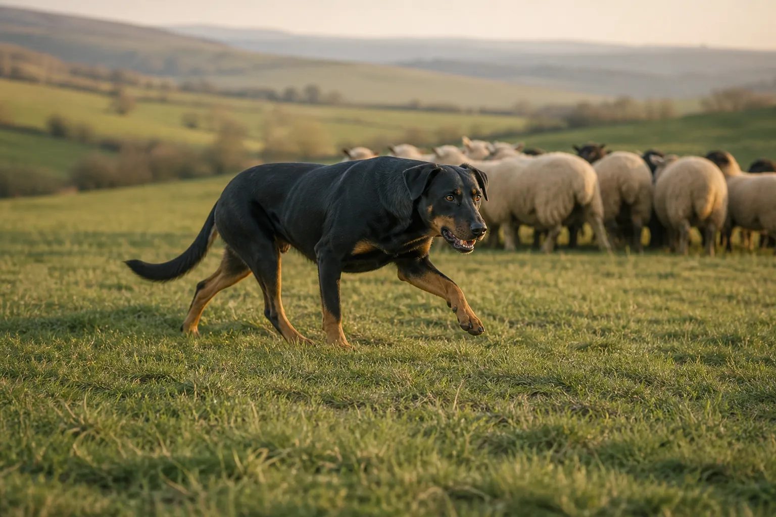 Beauceron rassemblant un troupeau de moutons, instinct de conduite