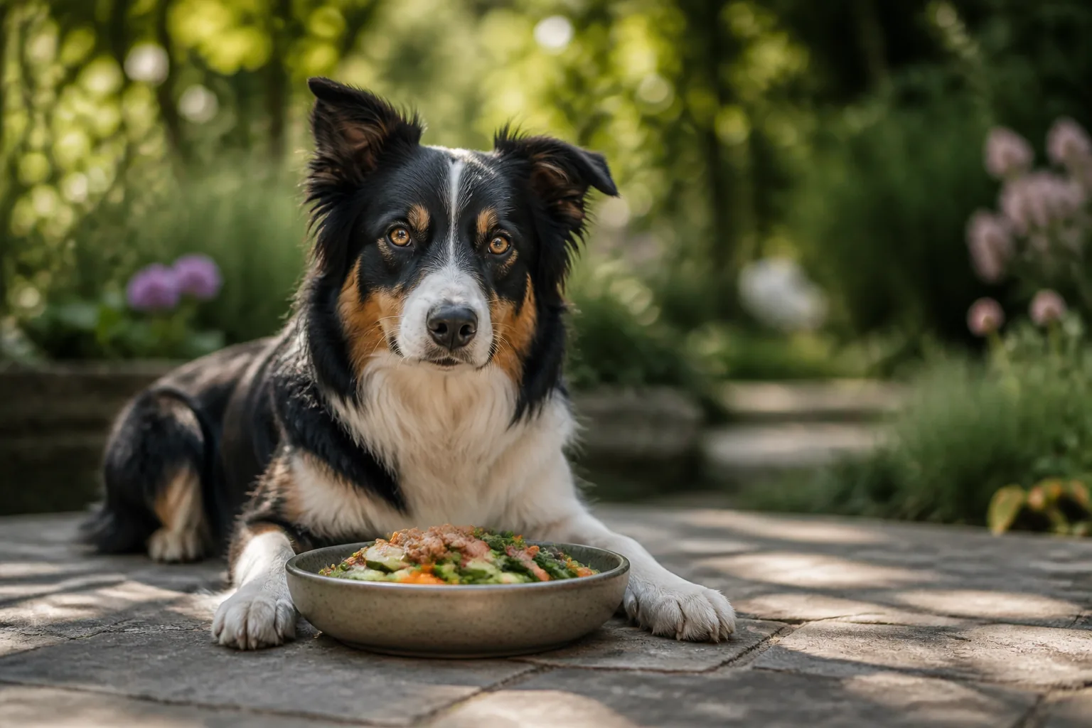 Chien devant une gamelle de croquettes, symbole des comparatifs produits pour chien