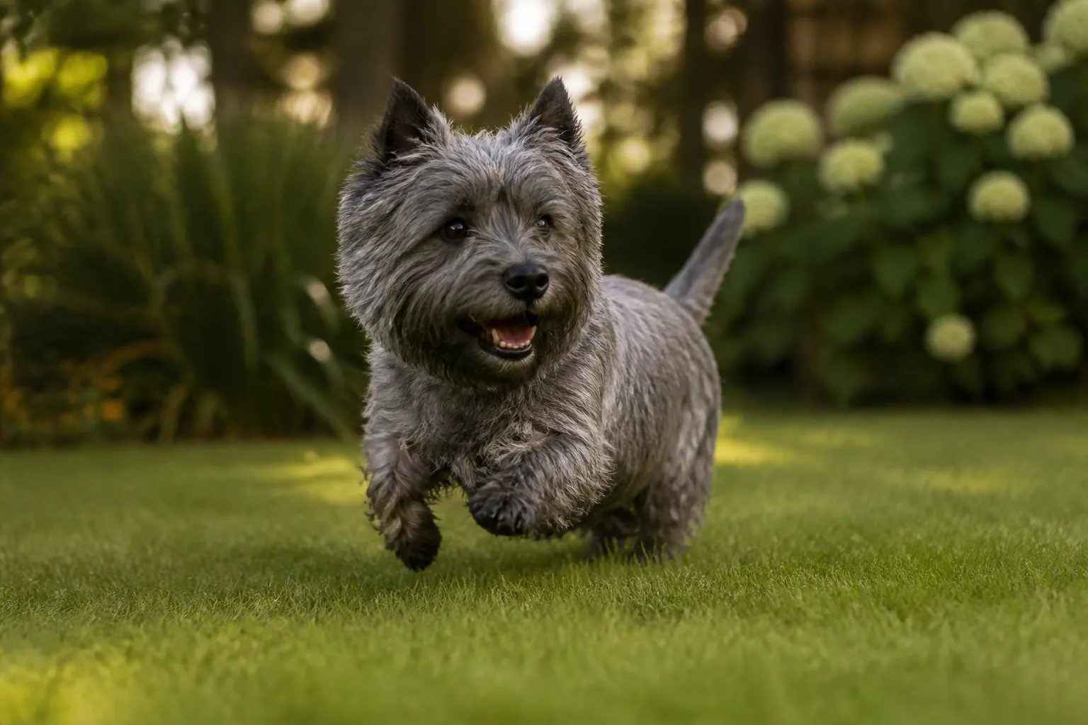 Cairn Terrier dans un jardin : à l'extérieur, une barrière physique protège un massif bien plus sûrement qu'un répulsif