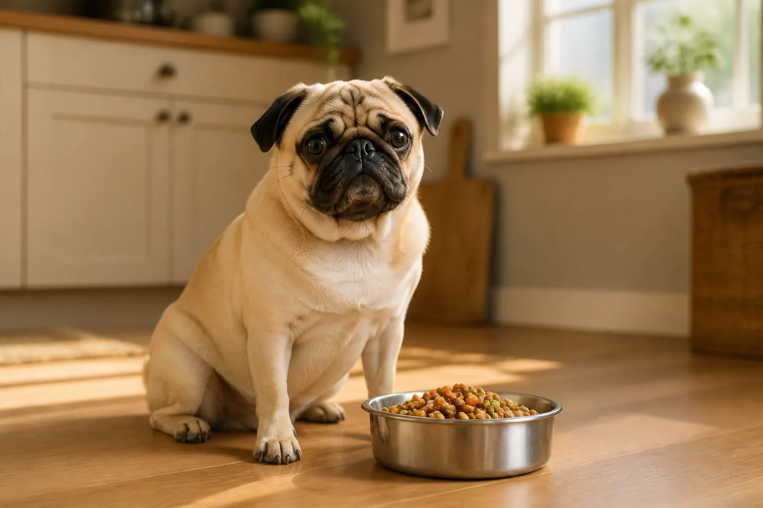 Carlin très intéressé par la nourriture, un chien opportuniste demande un environnement bien rangé