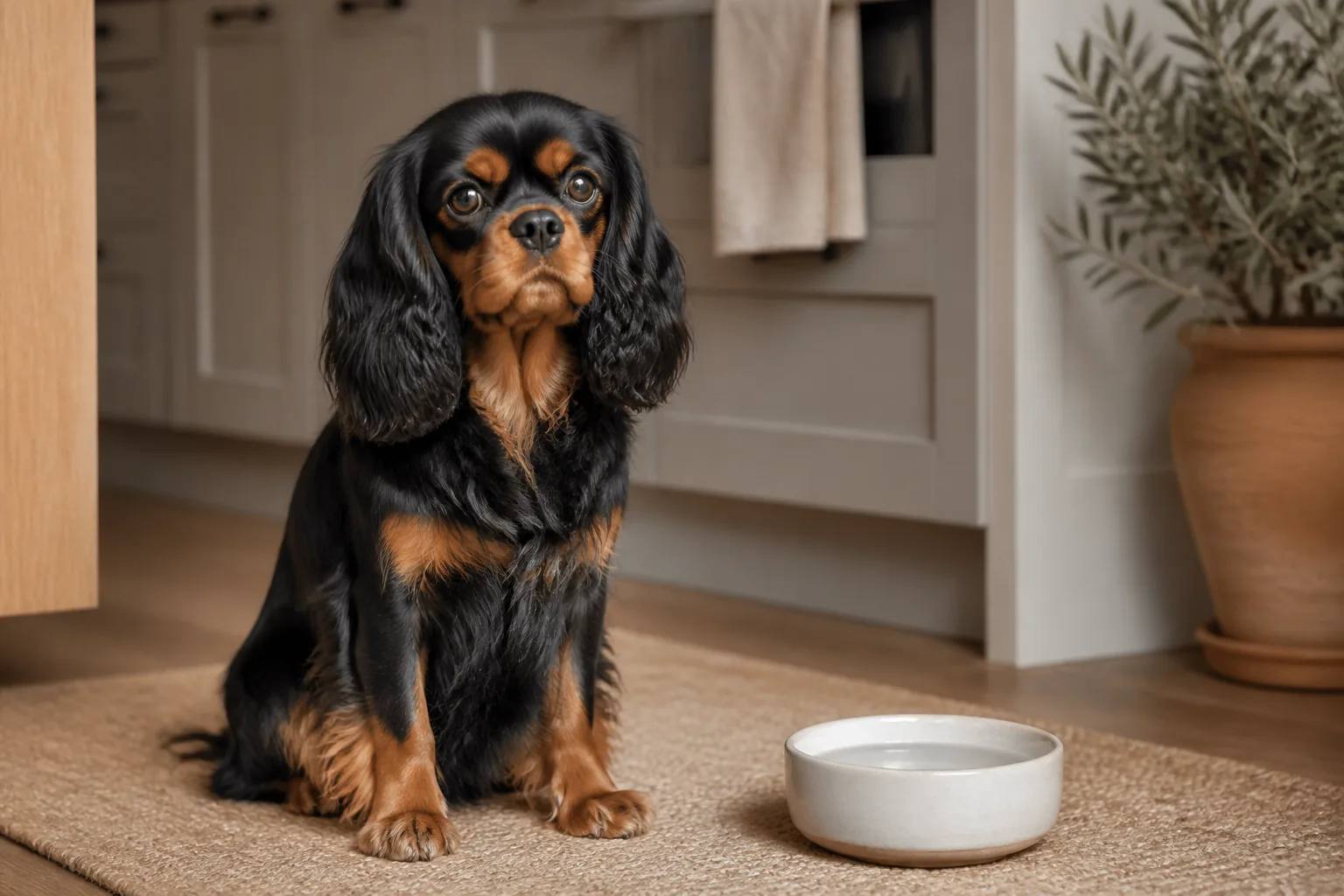 Cavalier King Charles mangeant une pâtée, alternative riche en eau aux croquettes