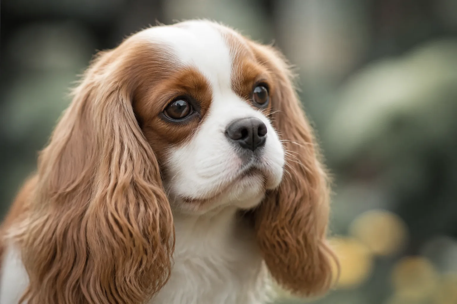 Cavalier King Charles au pelage blenheim, regard attentif