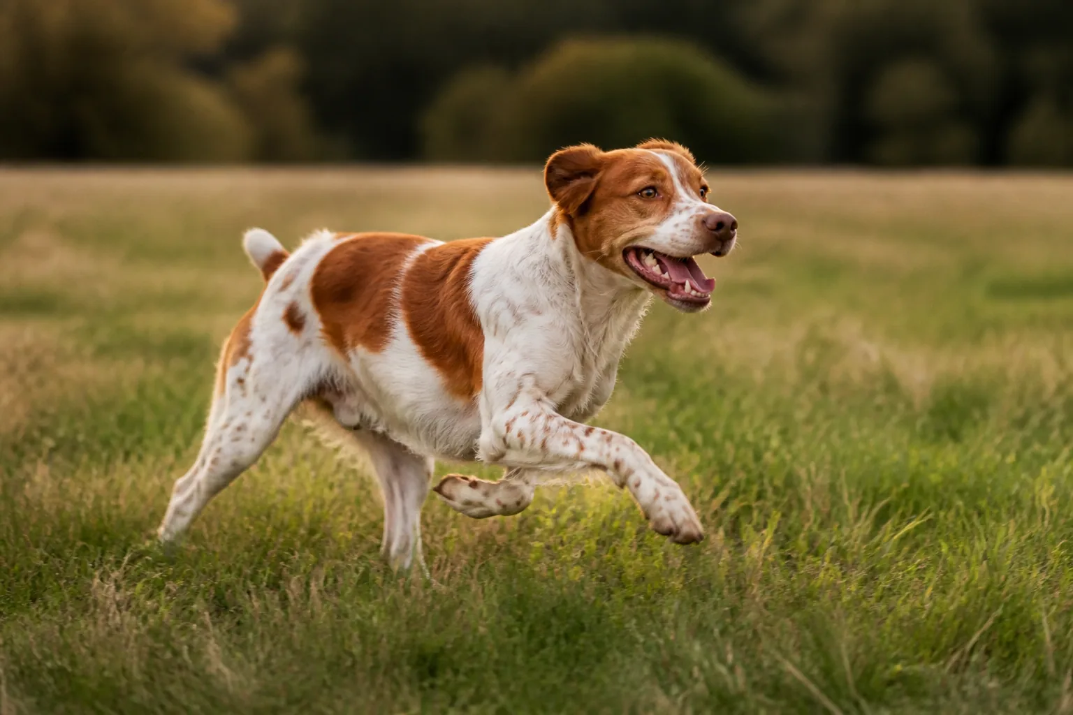 Épagneul Breton courant en extérieur, illustrant la gestion de la chaleur et de l'activité du chien en vacances