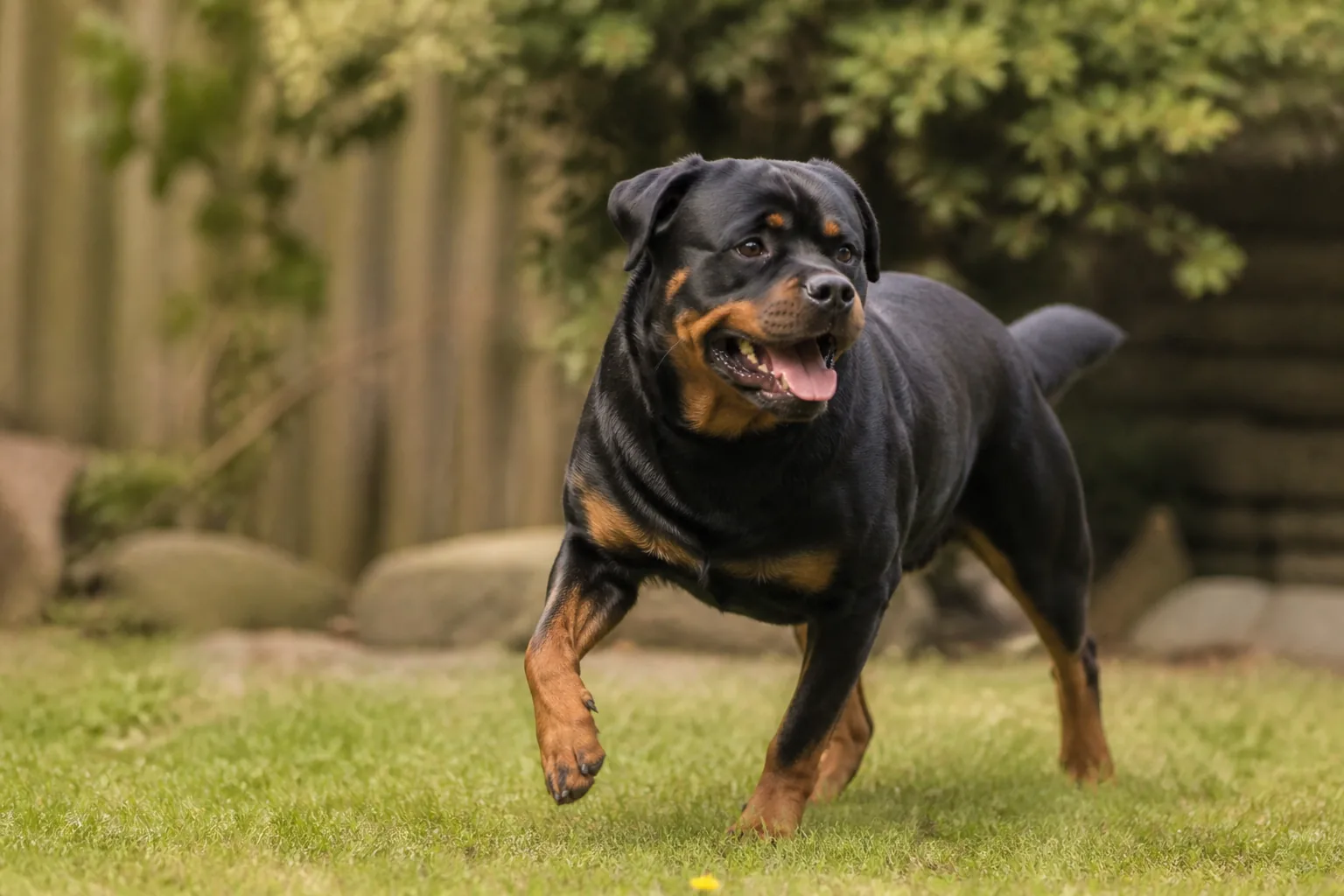 Rottweiler jouant en extérieur, illustrant l'importance de canaliser l'excitation chez les chiens de grande taille