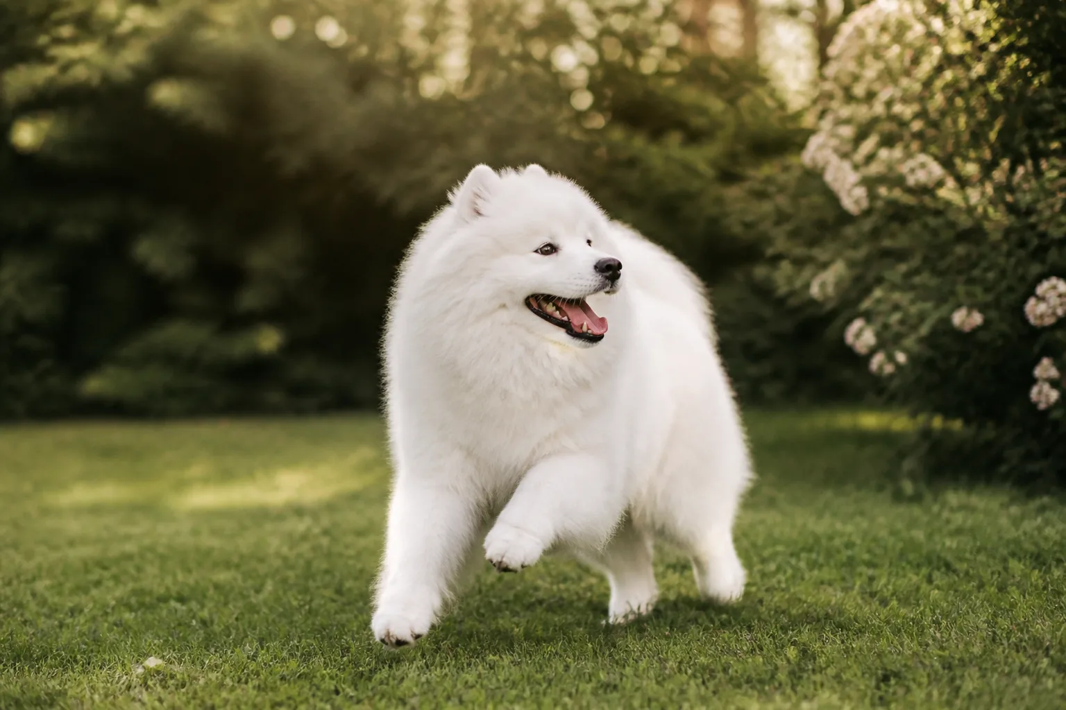 Chien Samoyède souriant courant sur une pelouse