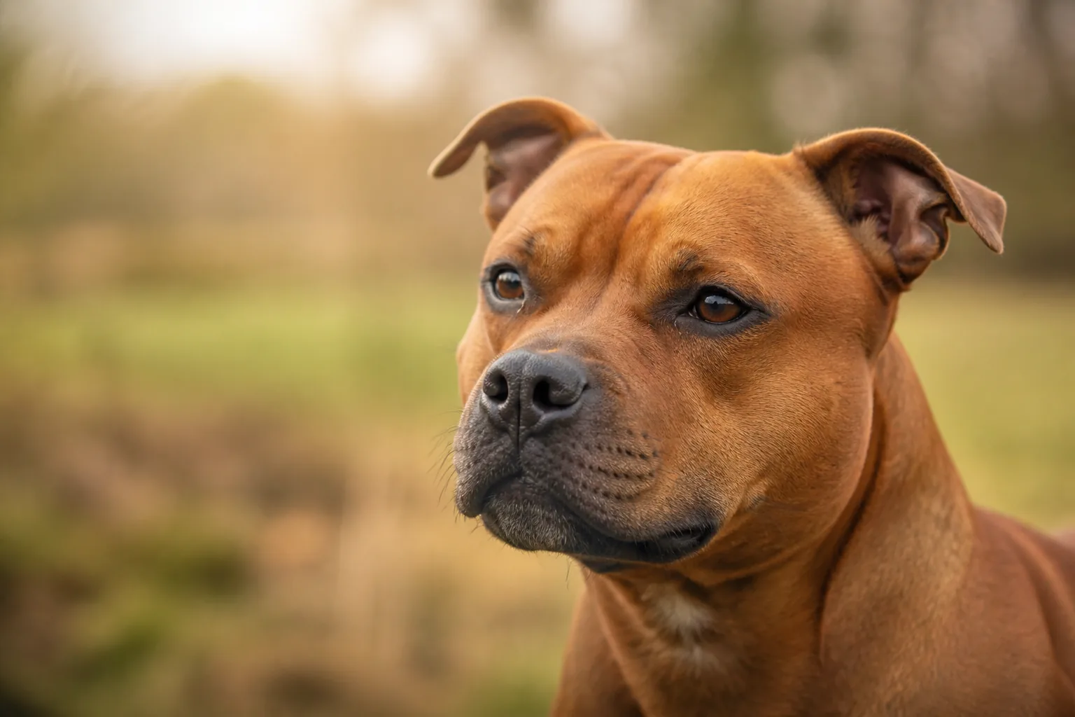 Staffordshire Bull Terrier au regard doux, profil de chien fréquemment présent en refuge et cherchant une famille