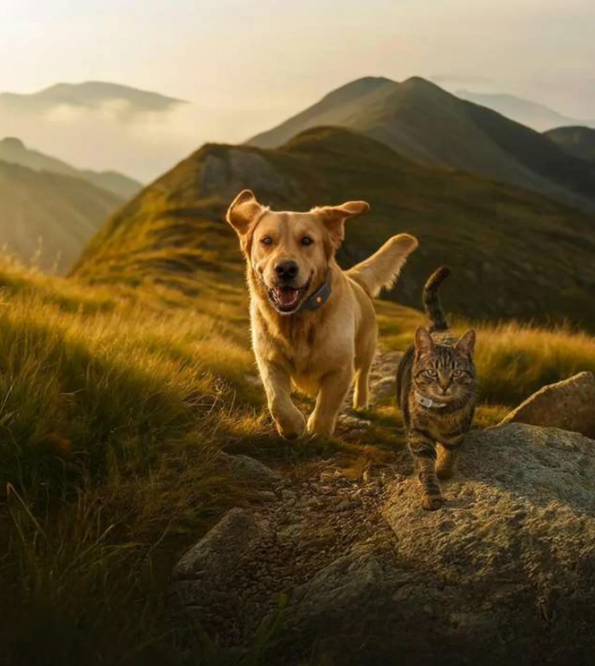 Golden Retriever et chat sur un sentier de montagne au lever du jour, chacun avec un traceur GPS au collier